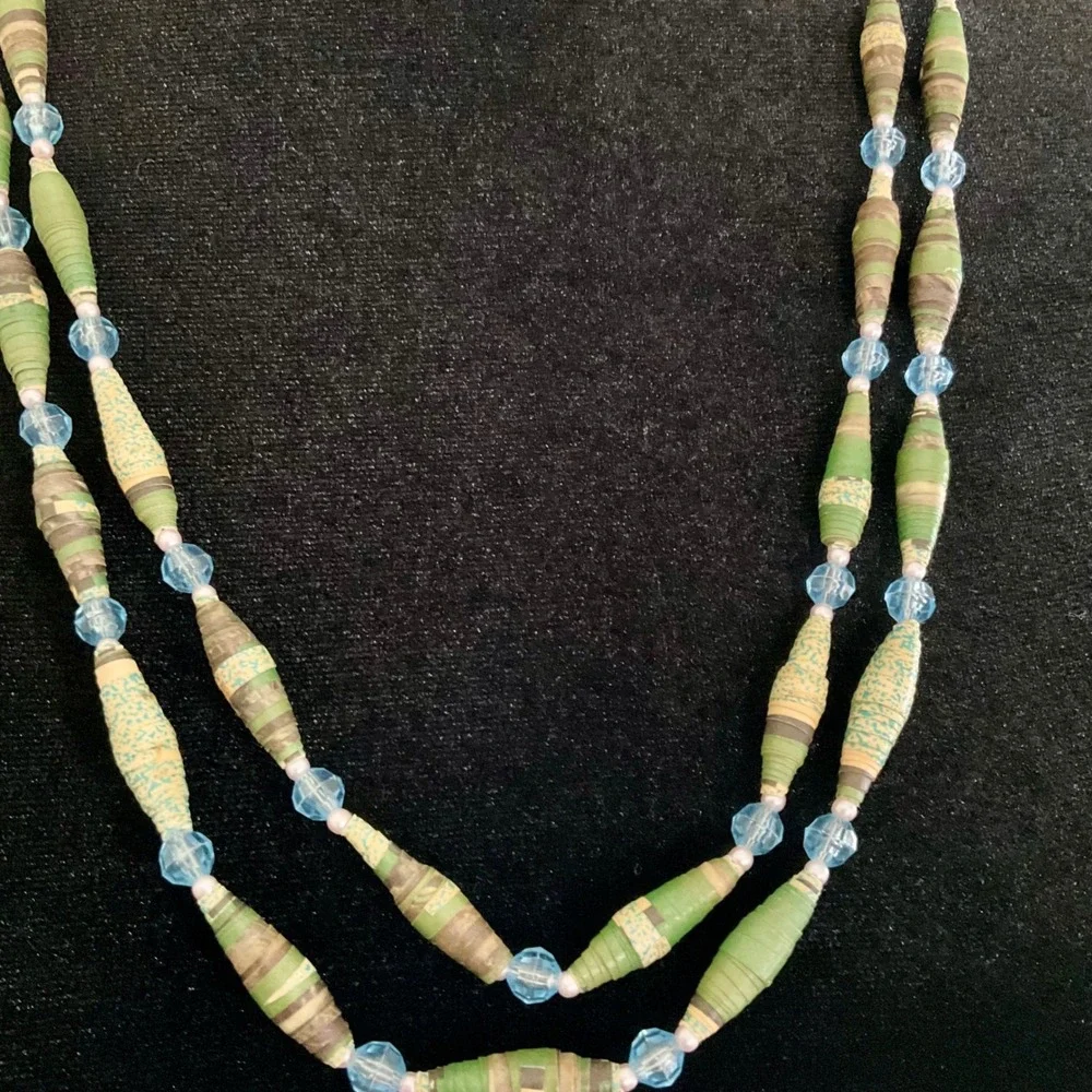Handmade Paper Bead Necklace Green Blue Long Boho Indie Spindle Bead Strand 53in